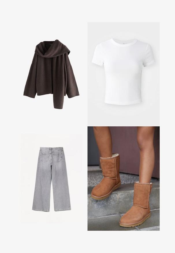 Pull en maille marron foncé à manches longues avec un grand col plié posé sur une épaule, présenté sur un fond blanc.; T-shirt courte à manches courtes, blanche, avec un col rond, présentée sur un fond neutre et lumineux.; Jean large gris à taille haute, avec une texture lisse, deux poches arrière et des détails de couture subtils.; Bottines en suede marron, à bout rond, avec une doublure douce et une semelle en caoutchouc, présentant des détails de couture visibles le long des coutures.