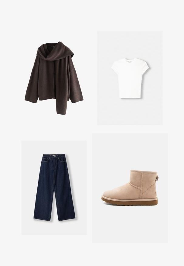 Pull en maille marron foncé à manches longues avec un grand col plié posé sur une épaule, présenté sur un fond blanc.; T-shirt blanc à manches courtes en coton doux, avec un col rond et une coupe ajustée. Pas de motifs ni d'ornements visibles.; Jean en denim bleu foncé à jambes larges avec fermeture avant par bouton et zip, poches avant et passants pour ceinture, posé à plat sur un fond blanc.; Bottine en daim beige à bout arrondi, avec des accents cousus et une semelle en caoutchouc brun texturé. Elle se distingue par une languette à l'arrière.