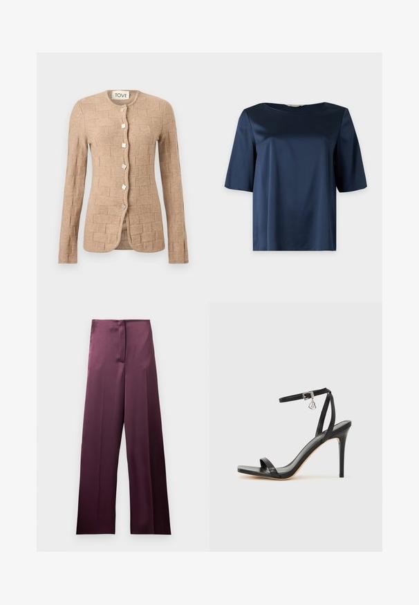 Cardigan beige manches longues en tricot avec un motif en brique texturé, encolure ronde, et cinq boutons carrés métalliques sur le devant.; Blouse courte en satin bleu marine avec un col rond et une coupe ample, présentée sur un fond uni.; Pantalon taille haute, jambe large, de couleur bordeaux profond avec une finition lisse et une fermeture avant cachée, présenté à plat sur un fond blanc.; Sandale à talon haut noire avec une bride étroite à la cheville, bout carré, cuir lisse et accent de boucle métallique.