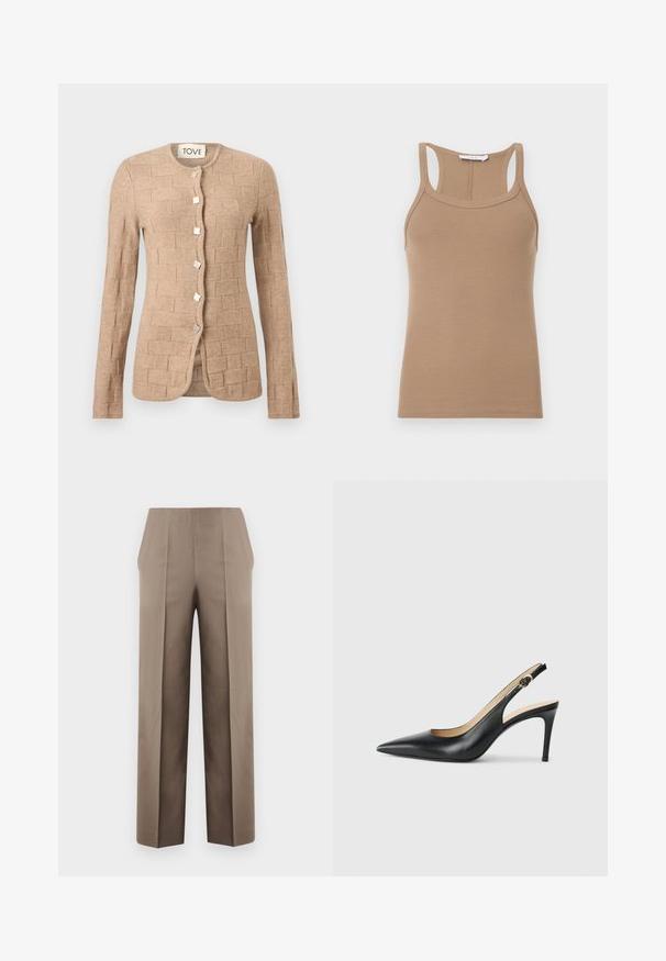 Cardigan beige manches longues en tricot avec un motif en brique texturé, encolure ronde, et cinq boutons carrés métalliques sur le devant.; Débardeur beige en maille côtelée sans manches avec un dos nageur et un col rond, présenté à plat sur un fond clair.; Pantalons beiges à taille haute avec une coupe ajustée, dotés de deux plis à l'avant, d'une conception à jambe droite et de lignes épurées, sans ornements.; Escarpins en cuir noir avec une pointe fine, une bride ajustable et un talon aiguille élégant, présentant une finition lisse.