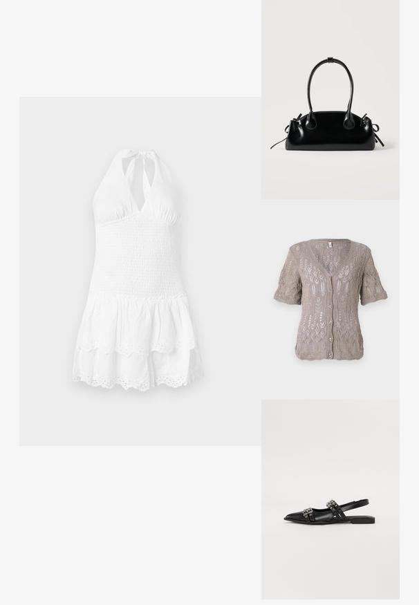 Gilet en tricot marron clair à manches courtes, décolleté en V, fermeture à boutons et motif ajouré complexe sur l'ensemble.; Robe dos nu blanche avec un corsage froncé et une jupe à volants. Présente un ourlet festonné et des détails en œillets en bas. Texture en coton douce.; Even&Odd by Zalando Ballerines à brides arrière - black; Petit sac à main noir brillant avec deux longues anses et des détails à cordon sur les côtés sur un fond clair uni.