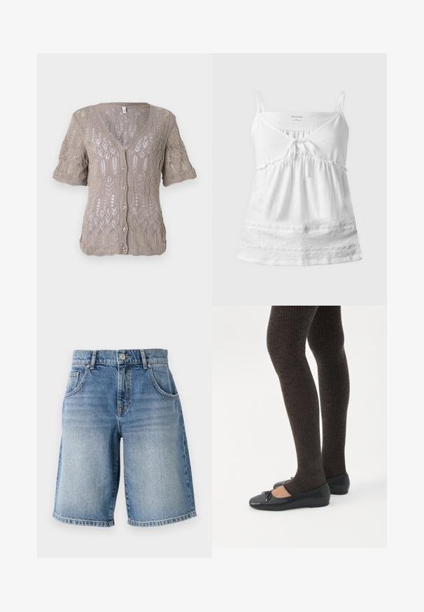 Gilet en tricot marron clair à manches courtes, décolleté en V, fermeture à boutons et motif ajouré complexe sur l'ensemble.; Camisole blanche sans manches avec bretelles réglables, détail noué à l'avant, poitrine froncée et bordure en dentelle près de l'ourlet.; Shorts en denim bleu clair avec une coupe droite, cinq poches et quincaillerie en bronze. Présente un ourlet effiloché et une texture délavée.; Jambes portant des leggings côtelés foncés associés à des ballerines noires avec de petits détails en nœud sur fond blanc.