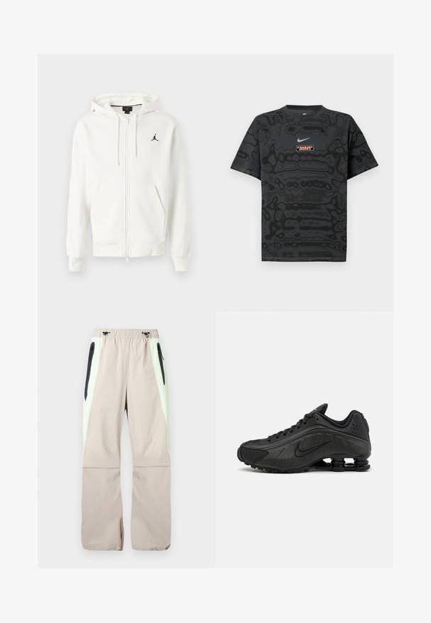 Valge kapuutsiga sulguva eesojaga sviiter, ees taskud, reguleeritavad nöörid ja väike must Jumpmani logo vasakul rinnal.; Must T-särk tekstuurse mustriga, millel on helesinine väike Nike logo ja ristkülikukujuline kontrastsetes värvides logomärk.; Beežid püksid helesiniste küljetega, mustad rebitavate reide taskutega ja elastse vöökohaga, millel on mustad nöörid.; Mustad mustat jooksujalad, millel on sile sünteetiline ülemus, perforatsioonid, tekstureeritud külgpaneelid ja eristuv elastne tall.