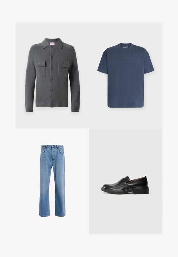 Cardigan en laine grise avec un bouton sur le devant, deux poches poitrine et un col. Poignets et ourlet côtelés. Texture douce.; T-shirt bleu marine uni à manches courtes avec col rond, design simple, coutures visibles sur les manches et l'ourlet, posé à plat sur un fond clair.; Jeans en denim bleu clair avec une coupe droite, cinq poches, fermeture à bouton, peu d'usure et des détails de couture contrastés.; Chaussure habillée noire en cuir, à enfiler, avec un petit talon et un logo Calvin Klein discret sur le côté, présentée de profil sur un fond blanc.