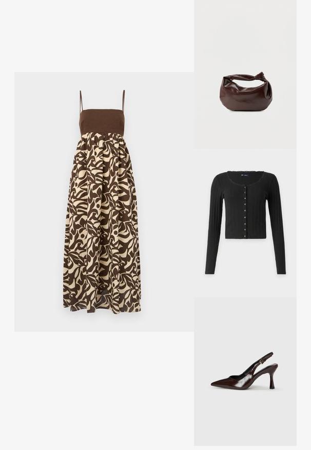 Cardigan noir à manches longues en tissu côtelé avec un col en cœur, présentant une rangée de boutons métalliques sur le devant et une coupe courte.; Robe maxi imprimée marron et écrue avec un haut ajusté, des fines bretelles et une jupe évasée arborant des motifs de feuilles organiques.; Talons slingback en cuir verni brun avec un bout pointu, un talon fin, et une sangle réglable avec une petite boucle.; Sac bandoulière en cuir marron foncé avec une forme souple et décontractée et une anse nouée torsadée sur un fond blanc uni.