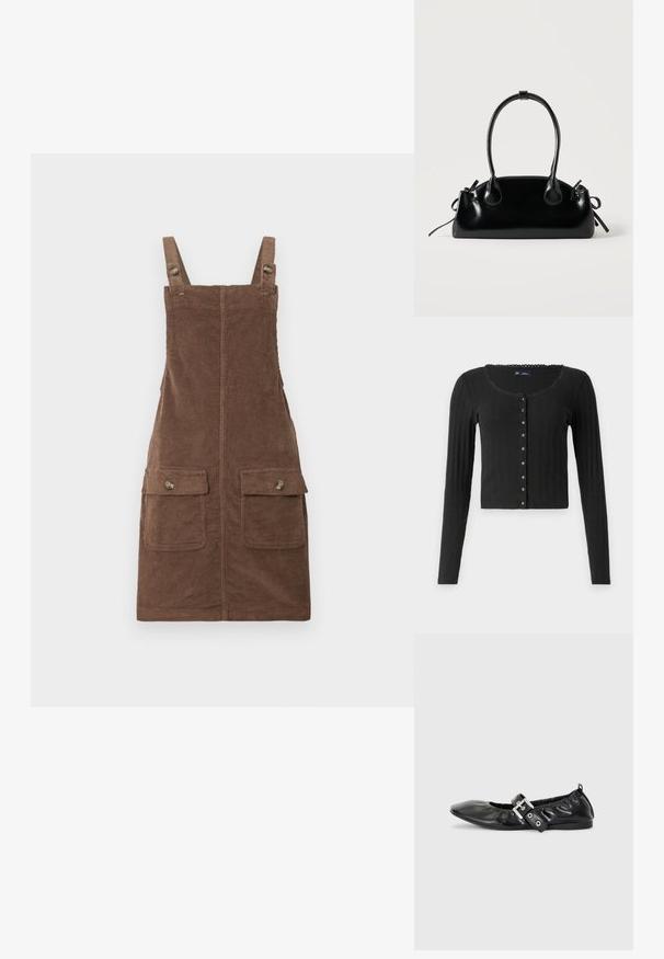 Cardigan noir à manches longues en tissu côtelé avec un col en cœur, présentant une rangée de boutons métalliques sur le devant et une coupe courte.; Robe salopette en velours côtelé marron avec bretelles réglables, deux poches avant et une couture centrale. Tissu texturé au toucher doux.; Chaussure plate en cuir noir avec un nez pointu, des détails froncés autour de l'ouverture et un accent en boucle argentée sur la bride ajustable.; Petit sac à main noir brillant avec deux longues anses et des détails à cordon sur les côtés sur un fond clair uni.