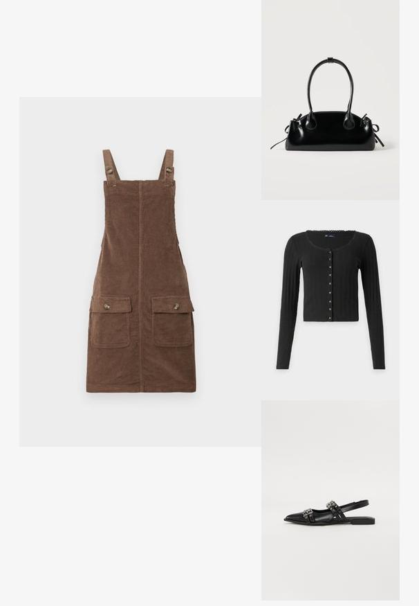 Sort langærmet cardigan lavet af ribbet stof med en rund halsudskæring, der har en række metalliske knapper foran og en cropped pasform.; Brun fløjl overallkjole med justerbare stropper, to forlommer og en centralseam. Struktureret stof med et blødt udseende.; Even&Odd by Zalando Slingback-ballerinasko - black; Lille sort blank håndtaske med to lange håndtag og snøre-detaljer i siden på en ensfarvet lys baggrund.