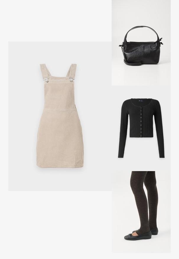 Sort langærmet cardigan lavet af ribbet stof med en rund halsudskæring, der har en række metalliske knapper foran og en cropped pasform.; Beige corduroy selkærm med justerbare stropper og metalclips, med en lige skæring og strukturerede lodrette linjer.; Ben iført mørke ribbede leggings kombineret med sorte balletsko med små sløjfedetaljer på hvid baggrund.; Sort læderhåndtaske med et struktureret design, rund tophåndtag og aftagelig skulderrem. Den har en glat tekstur og en subtil glans.