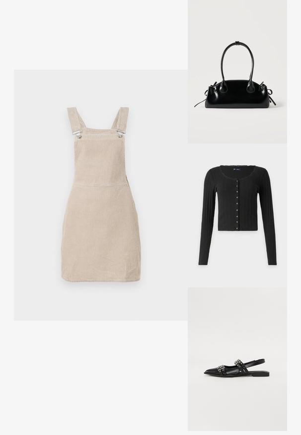 Sort langærmet cardigan lavet af ribbet stof med en rund halsudskæring, der har en række metalliske knapper foran og en cropped pasform.; Beige corduroy selkærm med justerbare stropper og metalclips, med en lige skæring og strukturerede lodrette linjer.; Even&Odd by Zalando Slingback-ballerinasko - black; Lille sort blank håndtaske med to lange håndtag og snøre-detaljer i siden på en ensfarvet lys baggrund.