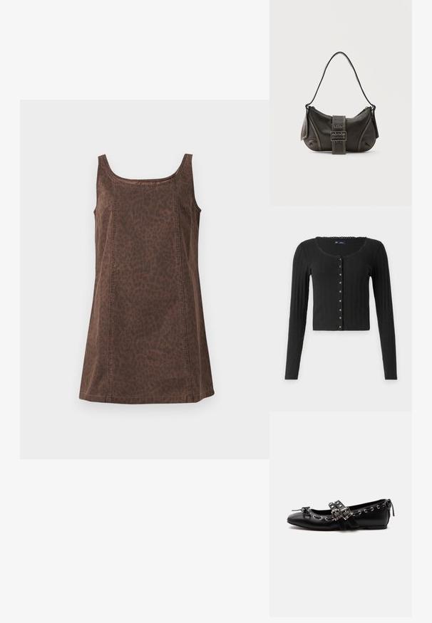 Sort langærmet cardigan lavet af ribbet stof med en rund halsudskæring, der har en række metalliske knapper foran og en cropped pasform.; Brun ærmeløs top med leopardmønster, lavet af blødt stof med en glat tekstur og subtile syningsdetaljer.; Sort flad balletsko med dobbelt spænde, sølvøjer og en lille sløjfe nær den runde tå på en hvid baggrund.; Sort læder skuldertaske med spænde på remmen, afrundede kanter og kontrasterende hvide syninger på en ensfarvet baggrund.