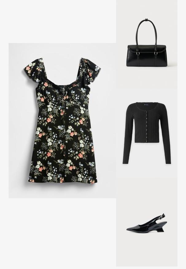 Cárdigan negro de manga larga hecho de tela acanalada con escote en forma de barco, que presenta una fila de botones metálicos en la parte delantera y un corte cropped.; Vestido negro con estampado floral, mangas abullonadas, escote cuadrado y corsé ajustado. Incluye patrones florales coloridos en rosa, azul y blanco.; Zapato slingback de cuero charol negro con puntera puntiaguda y tacón bajo en bloque inclinado sobre fondo claro liso.; Bolso rectangular de cuero negro con cierre de solapa y dos asas largas sobre un fondo blanco liso.