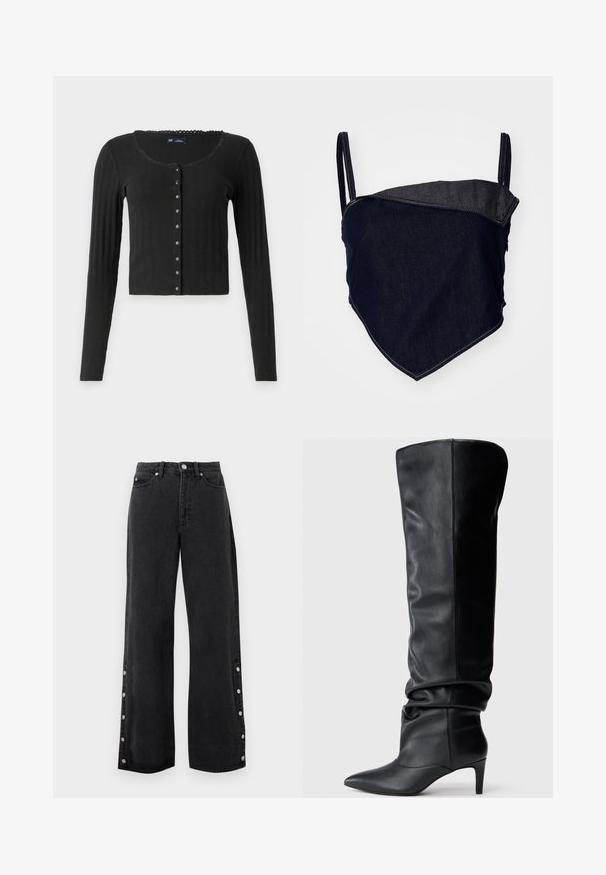 Cárdigan negro de manga larga hecho de tela acanalada con escote en forma de barco, que presenta una fila de botones metálicos en la parte delantera y un corte cropped.; Bralette de denim con un diseño ajustado. Tela azul oscura con un panel angular más claro. Tirantes ajustables y detalles de costura visibles.; Vaqueros negros de pierna ancha con cintura alta y detalles de botones a lo largo de las costuras exteriores desde el tobillo hasta la mitad de la pantorrilla.; Bota de cuero negro hasta la rodilla con punta afilada, diseño suelto y un tacón modesto. Textura suave con detalles de costura visibles.