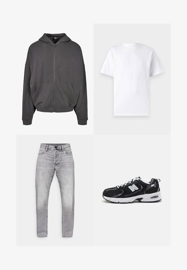 Sweatshirt zip gris avec capuche à cordon, poches avant, manches larges et poignets et ourlet côtelés. Texture de tissu lisse.; T-shirt blanc à manches courtes en coton avec un col rond, présentant une texture lisse et un design simple, sans motifs ni accents.; Jeans en denim gris à coupe droite, avec un délavage dégradé, design cinq poches et fermeture standard à bouton et zip.; Baskets de sport noires et grises avec un tige en mesh et en suède, présentant une semelle intermédiaire blanche, des lacets et un logo "N" audacieux sur le côté.