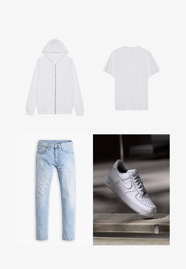 Haut à zip blanc en tissu mélangé coton. Comprend des poches avant, une capuche avec cordon de serrage et des poignets et un ourlet côtelés. Texture lisse.; T-shirt en coton blanc à manches courtes, col rond et texture lisse. Présente un branding minimal au niveau du col.; Jean en denim bleu clair avec une coupe droite, cinq poches et des coutures orange, présentant une fermeture à boutons et à zip.; La basket Nike Air Force 1 en cuir blanc présente un embout perforé, des lacets plats et une semelle en caoutchouc texturée avec le logo « AIR » sur le côté.