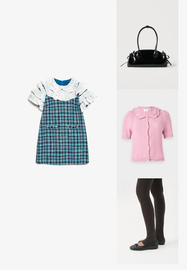 VILA VILUND SHIRT - Kardigan - sangria sunset; Sinine ja must ruuduline kleit valge kihilise rüüpse krae ja varrukatega, millel on kaks esist nuppudega taskut.; Jalad seljas tumedad soonelises soonelises kombines mustade baleriinadega, millel on väikesed paelade detailid valgel taustal.; Väike must läikiv käekott kahe pika sangaga ja külgedel paelakinnitustega, ühel lihtsal helel taustal.