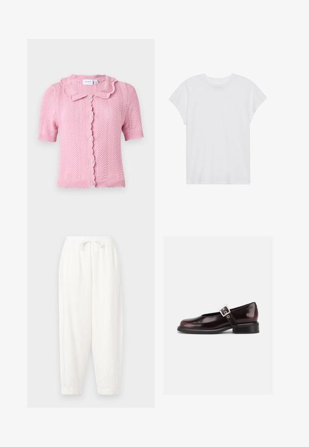 VILA VILUND SHIRT - Kardigán - sangria sunset; Biela krátka rukávová tričko s okrúhlym výstrihom, voľný strih, vyrobené z jemnej bavlnenej látky. Hladká textúra, bez vzorov alebo log.; Biele, voľné nohavice vyrobené z ľahkej látky. Obsahujú elastický pás so šnúrkou a zúžené manžety na členkoch.; Jediná lesklá tmavá burgundská obuv Mary Jane so širokým remienkom a striebornou prackou, nízkym blokovým podpätkom a zaoblenou špičkou na bielom pozadí.