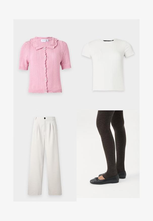 VILA VILUND SHIRT - Neuletakki - sangria sunset; Valkoinen lyhythihainen ribbineulottu t-paita pyöreällä pääntiellä, esitetty yksinkertaisella vaaleanharmaalla taustalla.; Beige leveled-housut, valmistettu sileästä kankaasta, etupleiteillä, yksittäisellä nappikiinnityksellä ja sivutaskuilla käytännöllisyyden vuoksi.; Jalat, joissa tummat ribbineuleiset leggingsit yhdistettynä mustiin balettitossuihin, joissa on pienet rusettikoristeet valkoisella taustalla.