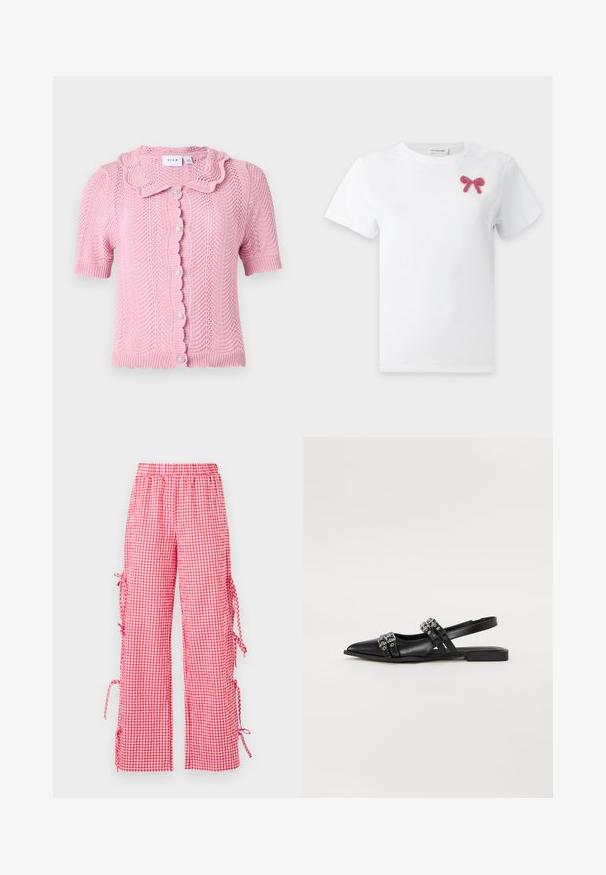 VILA VILUND SHIRT - Kardigan - sangria sunset; Valge lühikeste varrukatega T-särk, millel on ülas vasakul rinnal väike roosa helmestega kaunistatud lipsuke.; Punased ja valged ruudulised püksid, millel on lõdva lõikega istuvus, elastne vöökoht ja külgedel sissedetailid reguleeritavatele pikkustele.; Even&Odd by Zalando Kannarihmaga baleriinad - black
