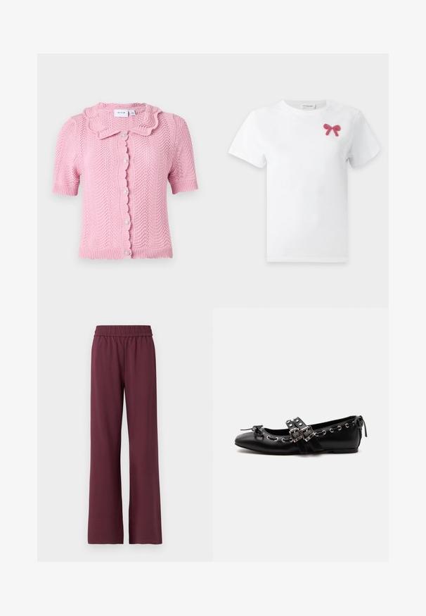VILA VILUND SHIRT - Kardigan - sangria sunset; Valge lühikeste varrukatega T-särk, millel on ülas vasakul rinnal väike roosa helmestega kaunistatud lipsuke.; Burgundi laiad püksid elastse vöökohtaga, valmistatud pehmest kangast, millel on sile tekstuur ja mugav lõige.; Mustad tasase tallaga baleriinsaabas topelt pandlakihtide, hõbedaste silmaaugude ja väikese paelaga ümarate varvaste juures valgel taustal.