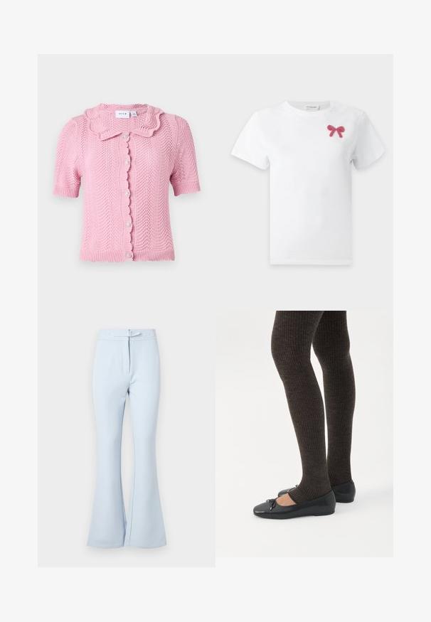 VILA VILUND SHIRT - Ζακέτα - sangria sunset; Λευκό κοντομάνικο μπλουζάκι με ένα μικρό ροζ φιόγκο από χάντρες στο πάνω αριστερό μέρος του στήθους.; Ανοιχτό μπλε φαρδιά παντελόνια από μαλακό ύφασμα. Διαθέτουν ζώνη με θηλιές, δύο μπροστινές τσέπες και καθαρή ραφή στα μπατζάκια.; Πόδια με σκουρόχρωμα ριμπ κολάν συνδυασμένα με μαύρα μπαλαρίνα παπούτσια με μικρές λεπτομέρειες φιόγκων σε λευκό φόντο.