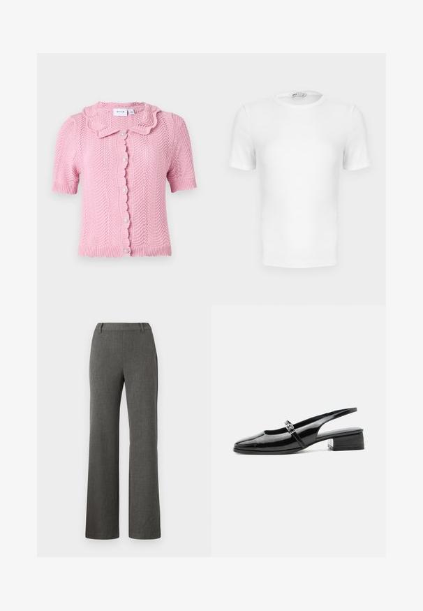 VILA VILUND SHIRT - Kardigan - sangria sunset; Valge lühikeste varrukatega soonikkoes T-särk ümara kaelusega, istuva lõike ja väikese brändisildiga krae sees.; Hallhalli sirgjoonised püksid tekstuuriga kangast, millel on lame eesmine osa, vööpaelad ja küljetaskud. Minimalistlik disain puhta viimistlusega.; Mustast lakknahast slingback-king madala plokksandaali ja õhukese rihmaga, millel on peal hõbedane pandlaga kinnis.