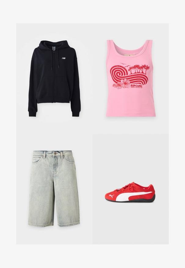 Sort zip-hoodie i blødt stof, med en kengurulomme, snoretræk til hætten og et lille reflekterende logo på brystet.; Pink ribbet tanktop med rødt grafisk motiv af bølger, palmer, blomster, fugle og "RIP CURL"-logo med teksten "Heritage Surf Brand Since 1969."; Lyseblå denimshorts til knæene med forreste knap, lynlås, bæltestropper og lommer på neutral baggrund.; Rød sportssko med en mesh-overdel, hvide detaljer, rund tå og sort gummisål. Snørebåndene sikrer en god pasform.