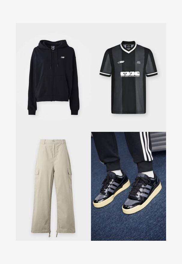 Sort zip-hoodie i blødt stof, med en kengurulomme, snoretræk til hætten og et lille reflekterende logo på brystet.; Sort og mørkegrå stribet sportstrøje med korte ærmer og hvide kanter, tekst "EST. 1986" og "Mads Nørgaard Copenhagen" logo foran.; Lys beige cargo bukser med en afslappet pasform, der har knaplukning, sidelommer og justerbar kant med snore. Glat stoftekstur.; Sorte patentlæder sneakers med tre striber, gummisål og cremet ydersål. Har flade snørebånd og en glat, blank overflade.
