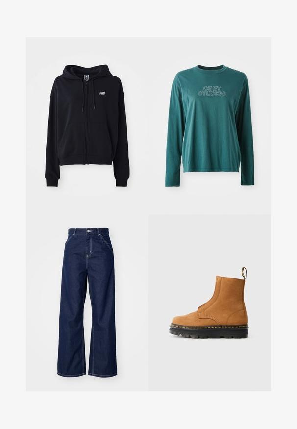 Sort zip-hoodie i blødt stof, med en kengurulomme, snoretræk til hætten og et lille reflekterende logo på brystet.; Teal langærmet skjorte lavet af blødt bomuld. Har en rund halsudskæring og "OBEY STUDIOS" grafik i hvid på forsiden. Enkel design.; Bredde ben jeans i mørkeblå denim, med høj talje, kontrasterende hvid syning og traditionelt fem-lomme design.; Tan ruskindsankelstøvle med en tekstureret finish, elastiske sidepaneler og en sort gummisål med gule stikninger langs kanten.