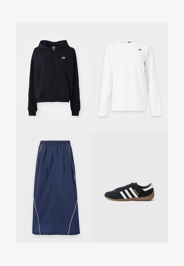 Zwarte zip-up hoodie van zacht materiaal, voorzien van een kangoeroe-pocket, een capuchon met trekkoord en een klein reflecterend logo op de borst.; Wit shirt met lange mouwen en ronde hals met klein zwart The North Face-logo op de linkerborst.; Donkerblauwe lange rok met elastische tailleband en witte biesdetails langs de zijkanten en onderste randen.; Zwarte suède sneaker met drie witte strepen, een rubberen gumzool en een klein gouden logo aan de zijkant. Heeft een gladde zwarte binnenvoering.