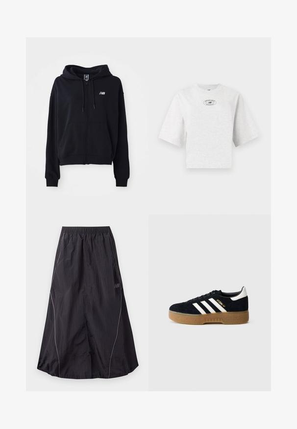 Schwarze Zip-Hoodie aus weichem Stoff, mit Kängurutasche, verstellbarem Kapuze und einem kleinen reflektierenden Logo auf der Brust.; Weißes, kurzärmeliges, kurz geschnittenes T-Shirt mit rundem Ausschnitt und kleinem New Balance Athletics-Logo in der Mitte der Brust.; Schwarzer leichter Nylon-Sportrock mit elastischem Bund und dezent reflektierendem Paspel an den Seiten, New Balance Logo auf der rechten Seite.; Schwarzer Wildledersneaker mit weißen drei Streifen und goldfarbenem Logo. Gummisohle mit strukturiertem Grip. Klassisches Low-Top-Design, abgerundete Zehenkappe.