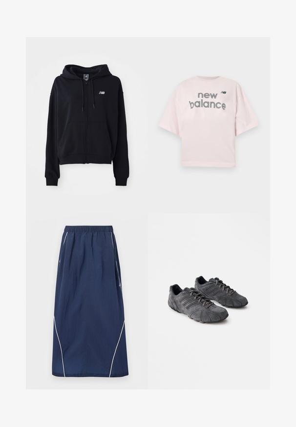 Sudadera con cremallera negra, hecha de tela suave, con un bolsillo canguro, capucha con cordón y un pequeño logo reflectante en el pecho.; Camiseta de manga corta de color rosa claro con el texto "new balance" y un pequeño logo "NB" en negro centrado en el pecho.; Falda larga azul marino con cinturilla elástica y detalles de ribete blanco a lo largo de los lados y los bordes inferiores.; Zapatillas deportivas de ante negro con una superficie texturizada, un diseño curvado y suelas de goma. Presentan cordones y franjas horizontales en los lados.