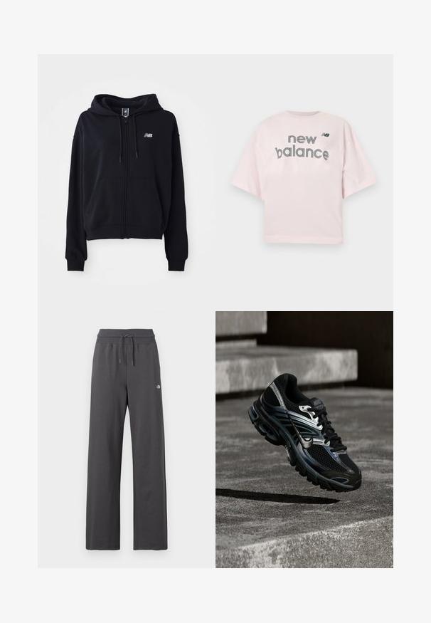 Must soeprakk, millel on pehme kangas, känguru tasku, nööriga kapuuts ja rinnal väike peegeldav logo.; Hele-roosa lühikeste varrukatega T-särk, millel on tekst "new balance" ja väikene must "NB" logo rinnal keskel.; Tumedat hallid laiade säärega dressipüksid soonikkoelise elastse vöökoha ja paelaga, millel on paremal reiel väike valge logo.; Must ja hõbedane Nike jooksujalats hõljub betoonastmete kohal, kuvades üksikasjalikku disaini ja tekstuuri tallal õues.