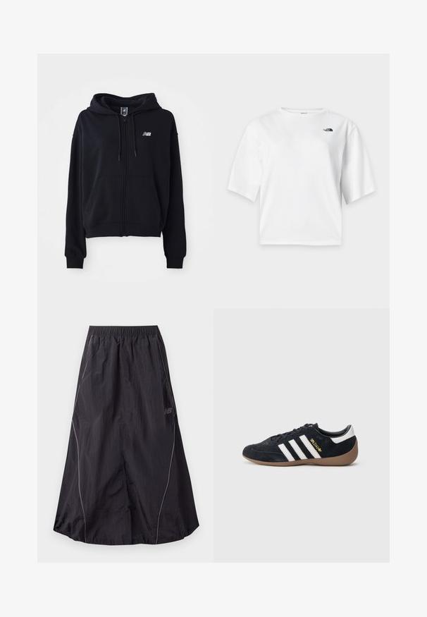 Zwarte zip-up hoodie van zacht materiaal, voorzien van een kangoeroe-pocket, een capuchon met trekkoord en een klein reflecterend logo op de borst.; Wit T-shirt met korte mouwen en ronde hals met het zwarte The North Face-logo op de linkerborst.; Zwarte lichte nylon sportrok met elastische tailleband en subtiele reflecterende bies langs de zijkanten, New Balance-logo aan de rechterzijde.; Zwarte suède sneaker met drie witte strepen, een rubberen gumzool en een klein gouden logo aan de zijkant. Heeft een gladde zwarte binnenvoering.