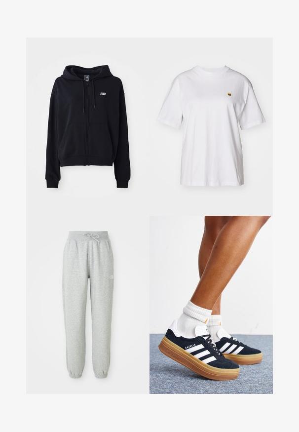 Zwarte zip-up hoodie van zacht materiaal, voorzien van een kangoeroe-pocket, een capuchon met trekkoord en een klein reflecterend logo op de borst.; Witte katoenen t-shirt met een relaxte pasvorm, korte mouwen en een klein geborduurd logo op de linkerborst.; Grijze sweatpants met een elastische tailleband en trekkoord. De stof is zacht, met elastische boorden bij de enkels en een logodetail.; Ben met witte sokken en zwarte Adidas Gazelle sneakers met witte strepen en dikke bruine zolen op een grijs tapijt.