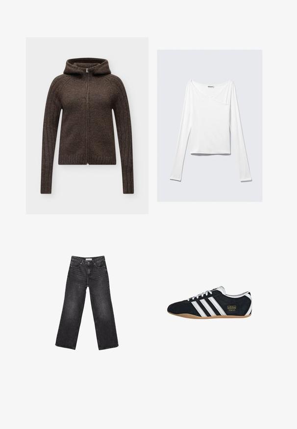 Sweat à capuche tricoté marron foncé à manches longues, avec fermeture éclair intégrale à l’avant et texture côtelée aux manches et à l’ourlet.; Haut blanc à manches longues avec un design croisé et une poche. Fabriqué dans un tissu lisse et extensible. Coupé dans une coupe décontractée et ample.; Jean noir à jambes larges avec poches avant et arrière, fermeture par bouton et passants de ceinture, posé à plat sur fond blanc.; Sneakers en suede noir avec trois bandes blanches, logo doré et semelle en caoutchouc marron. Présente un design à lacets à profil bas.