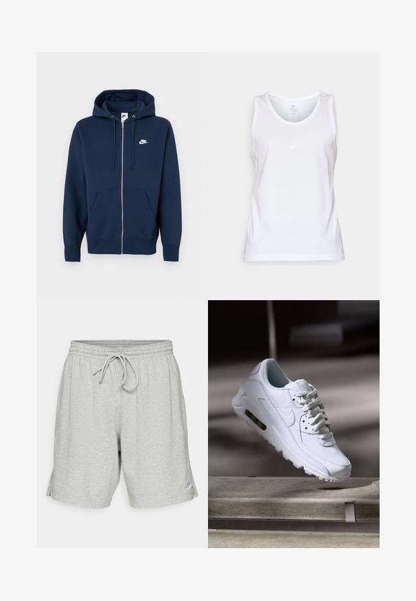 Marineblå hættetrøje med lynlås, frontlomme, snøre i hætten og et hvidt Nike-logo på venstre bryst. Fremstillet af blødt stof.; Hvid bomulds tanktop med rund hals, ærmeløst design og et lille tonet Nike-logo på forsiden. Glat tekstur.; Grå atletiske shorts lavet af blød stof, med elastisk talje med snøre og et lille logo i nederste venstre hjørne.; Hvide lædersneakers med teksturerede overflader, polstret krave og synlig luftpolstring i sålen. Har snørrebånd og et minimalistisk design.