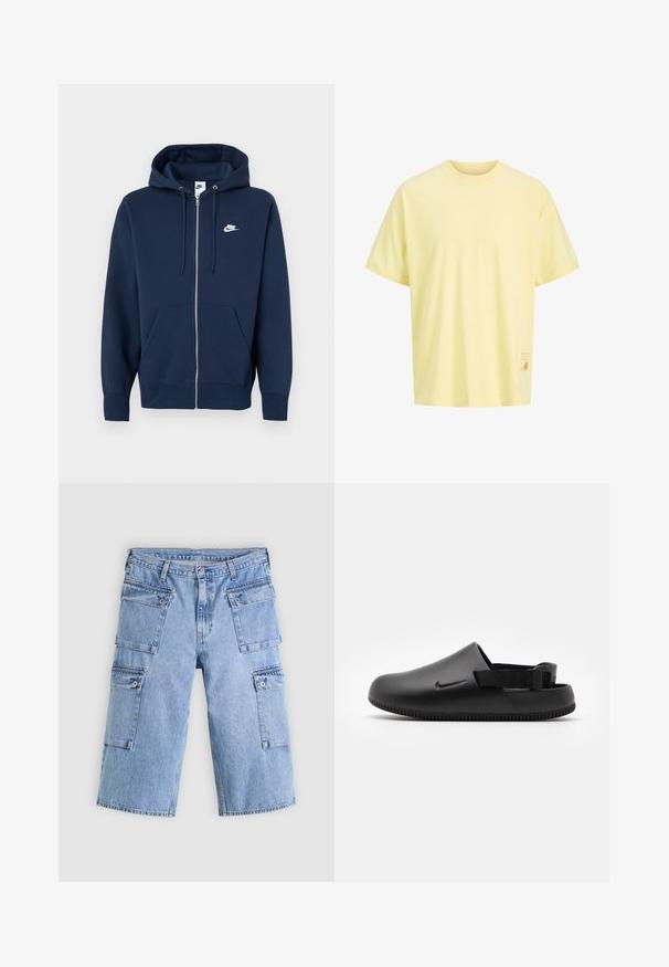Marineblå hættetrøje med lynlås, frontlomme, snøre i hætten og et hvidt Nike-logo på venstre bryst. Fremstillet af blødt stof.; Ensfarvet lysegul kortærmet T-shirt med et lille rektangulært beige mærke nær den nederste søm i højre side.; Lyseblå denim cargo-shorts med fire lommer med klap og knaplukning, vist fladt på en lys baggrund.; Sorte formede klipklapper med en glat overflade, rygstrop for stabilitet og en ribbet sål for greb. Fungerer med et lille logo på siden.