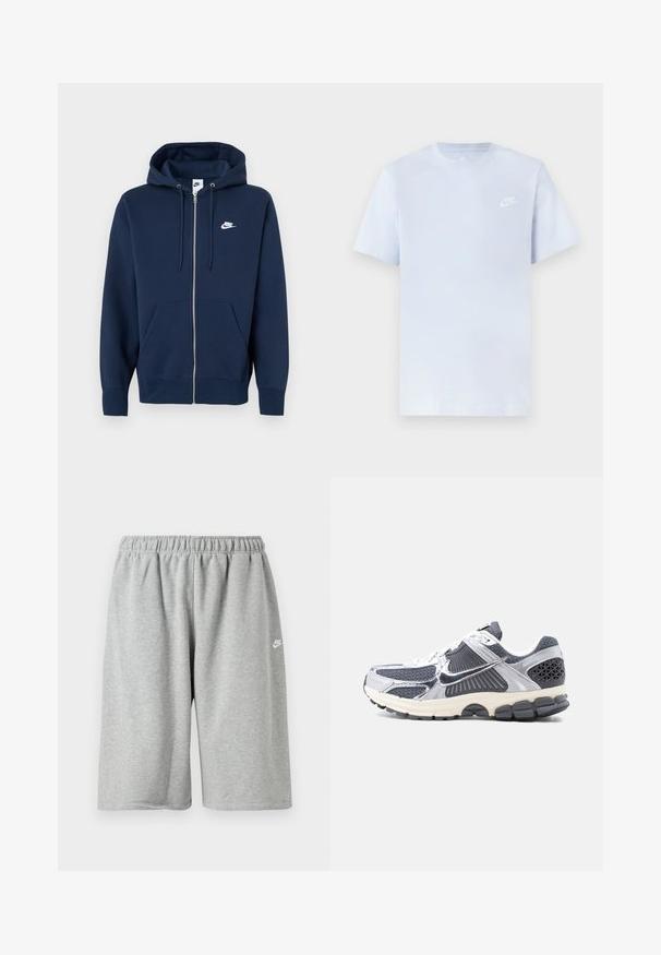 Marineblauer Kapuzenpullover mit Reißverschluss, einer Fronttasche, verstellbarer Kapuze mit Kordelzug und einem weißen Nike-Logo auf der linken Brustseite. Hergestellt aus weichem Stoff.; Hellblaue Baumwoll-T-Shirt mit kurzen Ärmeln, Rundhalsausschnitt und einem weißen Nike-Logo, das auf der linken Brust gedruckt ist. Glatte Textur, schlichtes Design.; Graue Baumwollshorts mit elastischem Bund, locker geschnitten und einem kleinen weißen Logo nahe dem Saum. Glatte Textur, knielang.; Grauer und weißer Herren-Sportschuh mit Mesh-Einsätzen, reflektierenden silbernen Überzügen, weißen Schnürsenkeln und schwarzer, strukturierter Sohle, Seitenansicht.