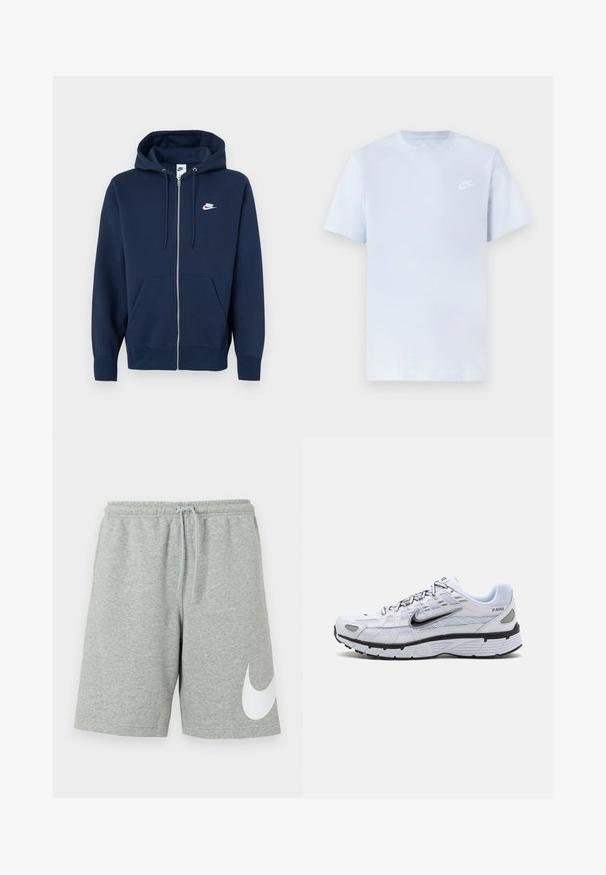 Marineblå hættetrøje med lynlås, frontlomme, snøre i hætten og et hvidt Nike-logo på venstre bryst. Fremstillet af blødt stof.; Lyseblå bomulds t-shirt med korte ærmer, rund hals og et hvidt Nike-logo trykt på venstre bryst. Glat tekstur, simpelt design.; Lysegrå atletikshorts med elastisk linning, snøre og stort hvidt Nike-swoosh-logo på nederste venstre ben.; Hvide løbesko med mesh-overdel, rund tå, sorte accenter og mønstret sål. Har snøring og branding på siden.