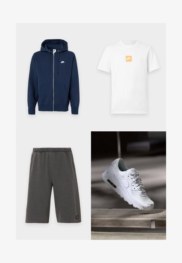 Marineblauer Kapuzenpullover mit Reißverschluss, einer Fronttasche, verstellbarer Kapuze mit Kordelzug und einem weißen Nike-Logo auf der linken Brustseite. Hergestellt aus weichem Stoff.; Weißes Kurzarm-T-Shirt aus Baumwolle mit kleinem orangefarbenem Quadrat auf der Brust, das das weiße Nike-Logo und den Swoosh zeigt.; Dunkelgraue kniehohe Shorts mit elastischem Bund und Seitentaschen, mit einem kleinen Markenlogo nahe dem unteren Saum an einem Bein.; Weiße Nike Air Max 90 Sneaker mit einem Obermaterial aus Mesh und Leder, durchlässigem Zehenbereich und einer sichtbaren Air-Einheit in der Ferse.
