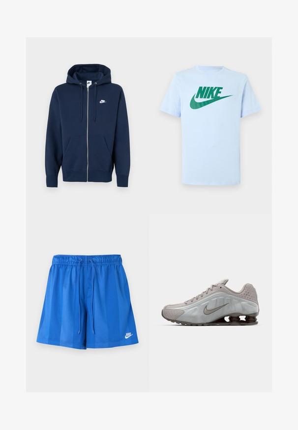 Tmavomodrá mikina na zips s predným vreckom, kapucňou so šnúrkami a bielym logom Nike na ľavej strane hrude. Vyrobená z mäkkej látky.; Svetlomodré tričko s krátkym rukávom so zeleným logom Nike a značkou Swoosh umiestnené v strede na hrudi, zobrazené na jednoduchom pozadí.; Modré atletické šortky s elastickým pásom a šnúrkou, s bielym logom Nike na dolnej ľavej nohe.; Běžecká obuv Nike ve světle šedé barvě s hladkým povrchem, zakřiveným designem a viditelnými odpružovacími pružinami v tmavě hnědé barvě na patě.