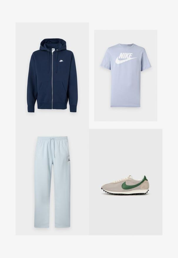 Marineblauer Kapuzenpullover mit Reißverschluss, einer Fronttasche, verstellbarer Kapuze mit Kordelzug und einem weißen Nike-Logo auf der linken Brustseite. Hergestellt aus weichem Stoff.; Hellblaues Kurzarm-T-Shirt aus Baumwolle mit weißem Nike-Logo und Swoosh auf der Brust, vor einfarbigem Hintergrund dargestellt.; Hellblaue Jogginghose aus weichem Stoff mit elastischem Bund und Kordelzug, zwei Seitentaschen und einem schwarzen Logo-Akzent.; Beige Laufschuhe mit grünen Wildlederakzenten, strukturiertem Mesh-Obermaterial, cremefarbenen Schnürsenkeln und einer schwarzen Gummisohle mit Traktionsnoppen.