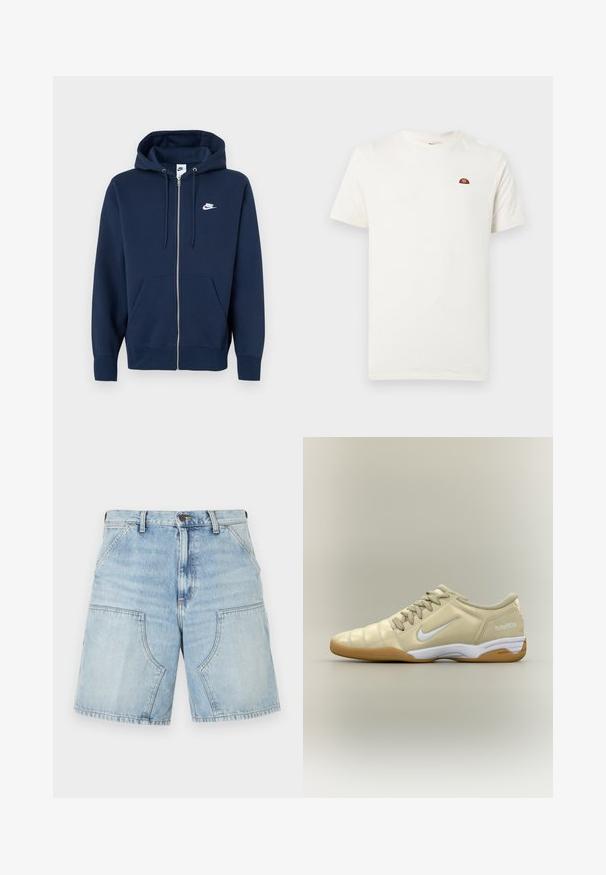 Marineblå hættetrøje med lynlås, frontlomme, snøre i hætten og et hvidt Nike-logo på venstre bryst. Fremstillet af blødt stof.; Hvid kortærmet t-shirt med rund hals og lille rød og orange logo på venstre bryst mod en ensfarvet baggrund.; Lyseblå denimshorts med store forlommer, bæltestropper og lukning med knap og lynlås.; Beige indendørs fodboldsko med hvid Nike swoosh, gummisål, snørebånd og teksten "total90 III" på hælen, vist fra siden.