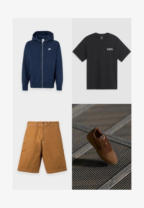 Laivastonsininen vetoketjullinen huppari, jossa etutasku, kiristysnauhallinen huppu ja vasemmassa rinnassa valkoinen Nike-logo. Valmistettu pehmeästä kankaasta.; Musta lyhythihainen pyöreäkauluksinen T-paita, jossa pieni valkoinen Levi's-logo vasemmalla rinnassa, aseteltu tasaiselle vaaleanharmaalle taustalle.; Ruskeat polvipituudet shortsit, joissa etutaskut, vyölenkit, nappikiinnitys ja näkyvät valkoiset ompeleet vaalealla taustalla.; Ruskea mokkakenkä, jossa on verkkomateriaalia, pyöreä varvas ja tasaiset nauhat. Varustettu vaaleanruskealla kumipohjalla ja hienovaraisella Nike-logolla sivulla.