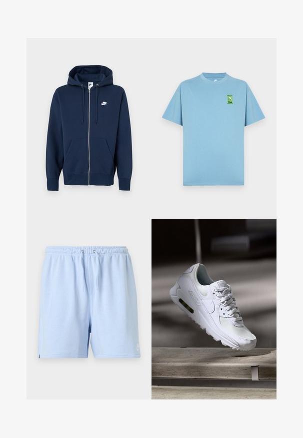 Marineblå hættetrøje med lynlås, frontlomme, snøre i hætten og et hvidt Nike-logo på venstre bryst. Fremstillet af blødt stof.; Lyseblå bomulds-T-shirt med rund hals og korte ærmer, med et grønt tegneserie-logo-patch på venstre bryst.; Lyseblå afslappede shorts med elastisk taljebånd og snøre, lavet af blødt stof, med en lille logo på den nederste venstre kant.; Hvide Nike Air Max 90 sneakers med en overdel i mesh og læder, perforeret tåboks og en synlig luftenhed i hælen.