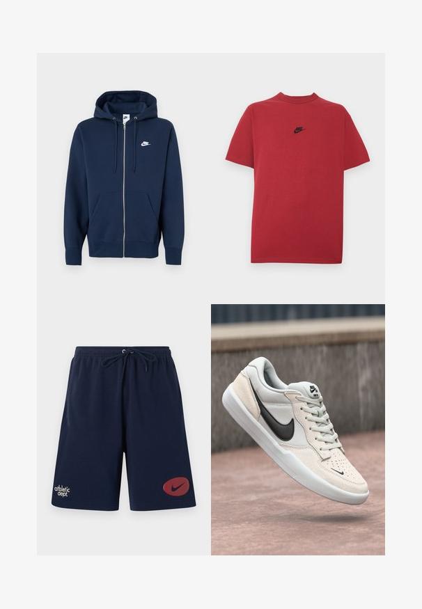 Marineblauwe zip-up hoodie met een voorzak, trekkoord in de capuchon en een wit Nike-logo op de linkerborst. Gemaakt van zacht materiaal.; Rood katoenen T-shirt met een zwart Nike-logo op de borst, korte mouwen, een ronde halslijn en een normale pasvorm. Gladde textuur.; Sportieve shorts in marineblauw met elastische tailleband en trekkoord, met de tekst "athletic dept." op het linkerbeen en het rode Nike-swoosh-logo op het rechterbeen.; Nike SB sneaker in lichtgrijs en crème, met een bovenwerk van suede, zwarte swoosh, textuurdetails en een witte rubberen zool.
