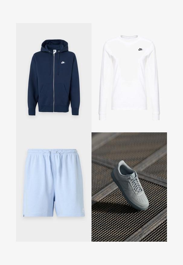 Marineblå hættetrøje med lynlås, frontlomme, snøre i hætten og et hvidt Nike-logo på venstre bryst. Fremstillet af blødt stof.; Hvid langærmet T-shirt lavet af bomuld, med et lille sort Nike-logo på venstre bryst og en rund halsudskæring. Glat tekstur.; Lyseblå afslappede shorts med elastisk taljebånd og snøre, lavet af blødt stof, med en lille logo på den nederste venstre kant.; Grå lædersneaker med perforeret tå, flade snørebånd, polstret krave og struktureret gummisål. Har en subtil brandingdetalje.