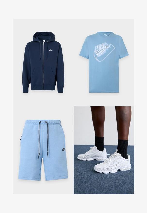 Marineblå hættetrøje med lynlås, frontlomme, snøre i hætten og et hvidt Nike-logo på venstre bryst. Fremstillet af blødt stof.; Lyseblå kortærmet Nike T-shirt med stor stiliseret hvid Nike-logo og swoosh-grafik på brystet.; Lysblå Nike sportsshorts med sort snøre, elastisk taljebånd, sidelommer og Nike-logo på venstre ben.; Hvide atletik-sko med mesh-overdel, teksturerede accenter og polstret sål. Parret med sorte ribbede ankelstrømper på en blå tæppebelagt overflade.