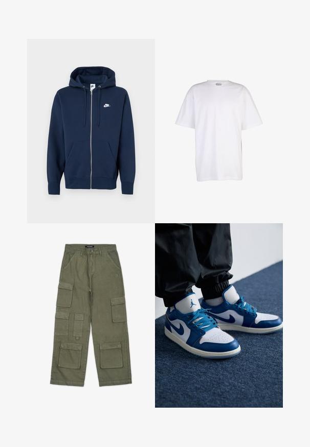 Laivastonsininen vetoketjullinen huppari, jossa etutasku, kiristysnauhallinen huppu ja vasemmassa rinnassa valkoinen Nike-logo. Valmistettu pehmeästä kankaasta.; Yksinkertainen valkoinen lyhythihainen puuvillainen T-paita pyöreällä kaula-aukolla ja väljä istuvuus, esillä valkoisella taustalla.; Vihreät maastohousut pehmeästä kankaasta, joissa on useita taskuja, suora leikkaus ja ommeltuja yksityiskohtia. Brändilogo vyötäröllä.; Nike Air Jordan tennarit ovat valkoiset nahkapohjaiset, joissa on siniset synteettiset yksityiskohdat, rei'itetty varvasosa ja siniset nauhat.