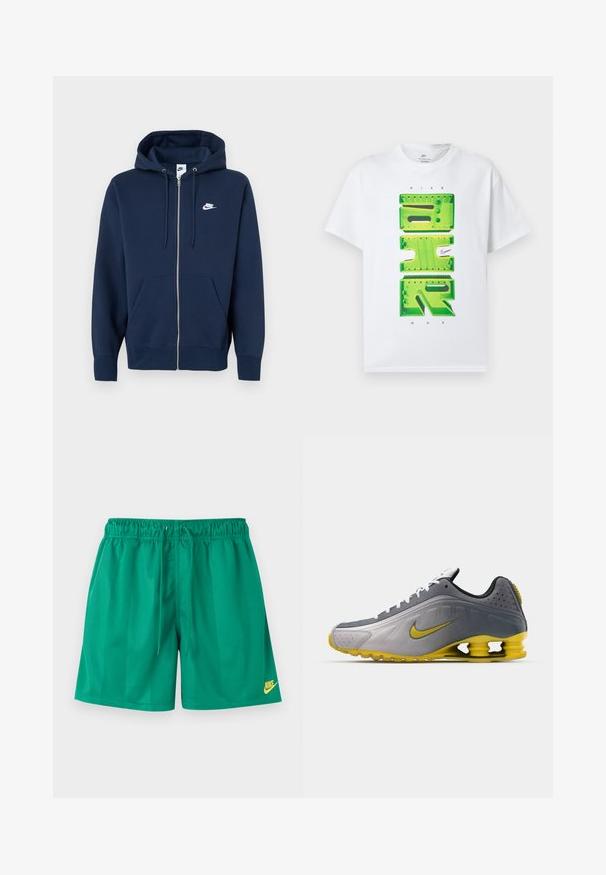 Tmavomodrá mikina na zips s predným vreckom, kapucňou so šnúrkami a bielym logom Nike na ľavej strane hrude. Vyrobená z mäkkej látky.; Biele tričko s krátkym rukávom so zeleným veľkým 3D nápisom "AIR" a malým čiernym logom Nike Swoosh uprostred prednej strany.; Zelené športové šortky s elastickým pásom a šnúrkou, s malým žltým logom Nike na dolnej pravej nohe.; Nike Sportswear SHOX R4 SE UNISEX - Tenisky - vast grey/bright citron/light graphite/smoke grey/white/black